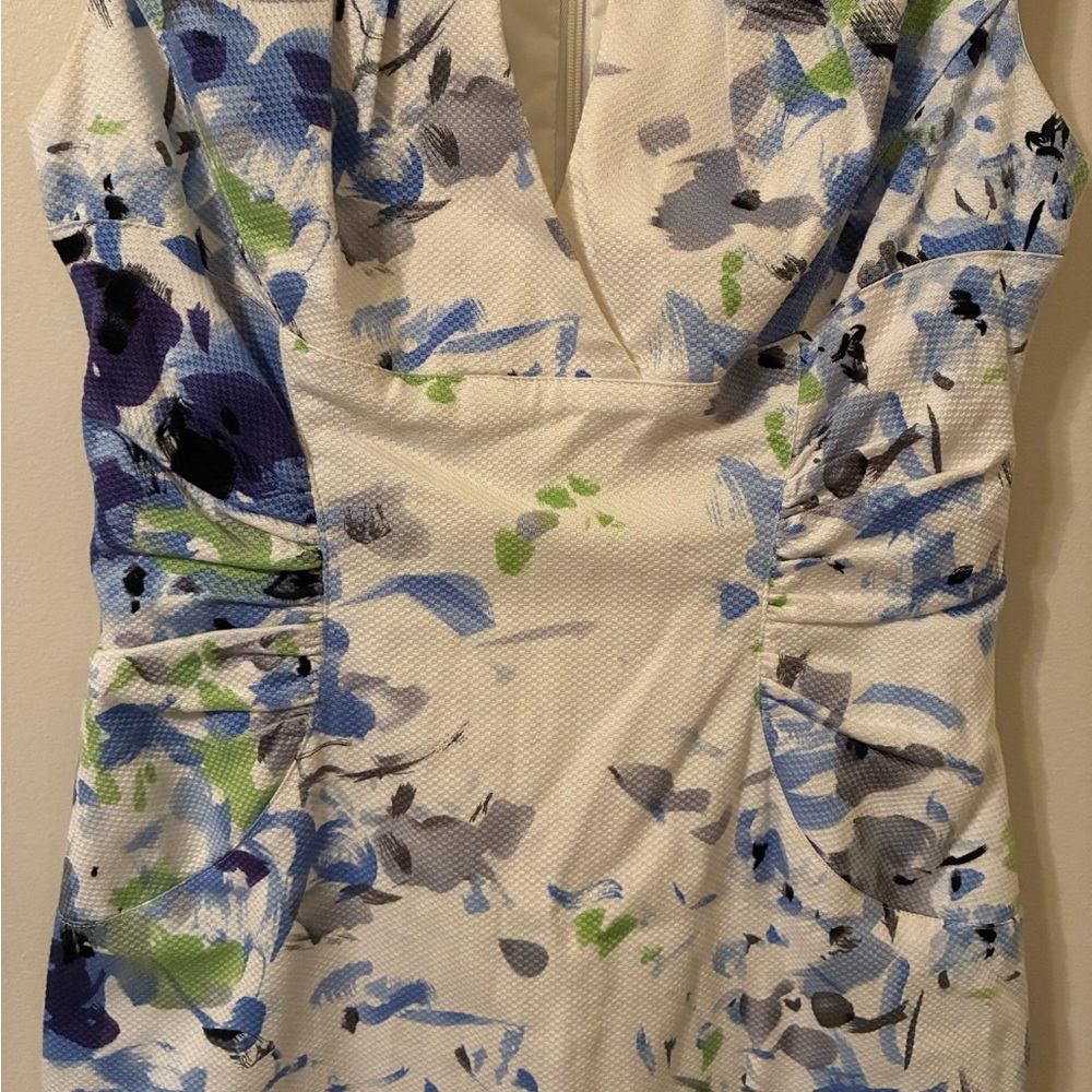 Adrianna Papell White Floral V-Neck Sheath Dress Watercolor EUC 4 Wedding Summer - Picture 5 of 11